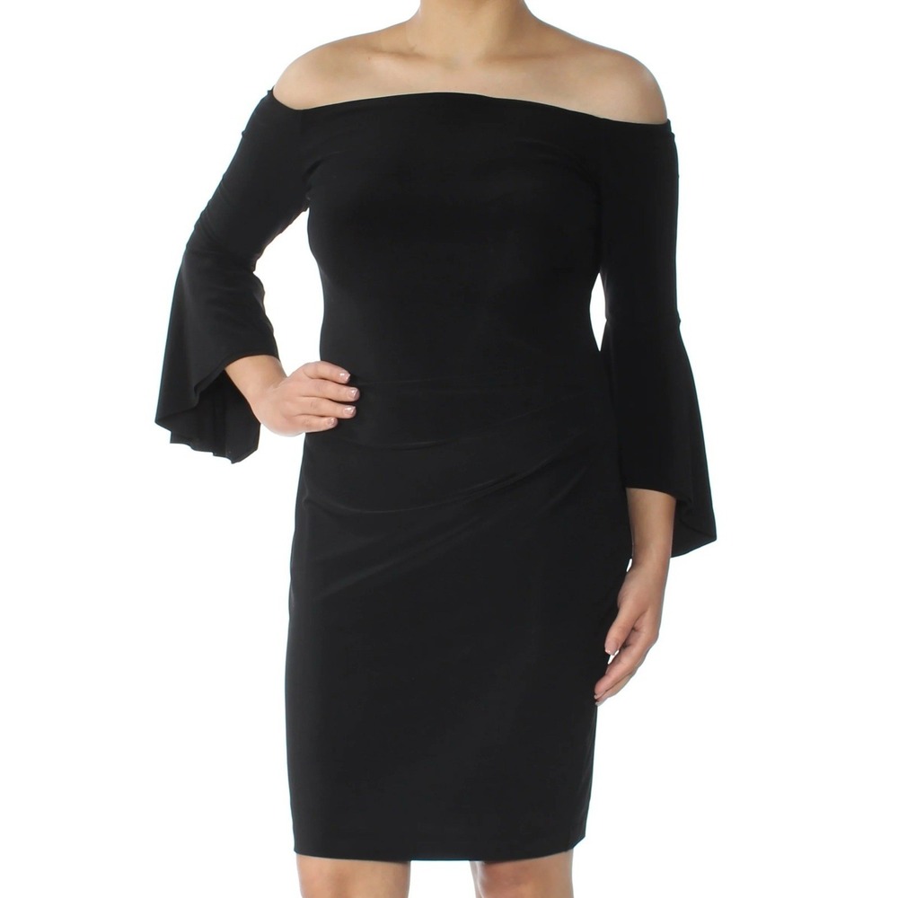 Lauren Ralph Lauren Black Fitted Midi Dress Sz 4 Ruched Side Bell Sleeves Lined